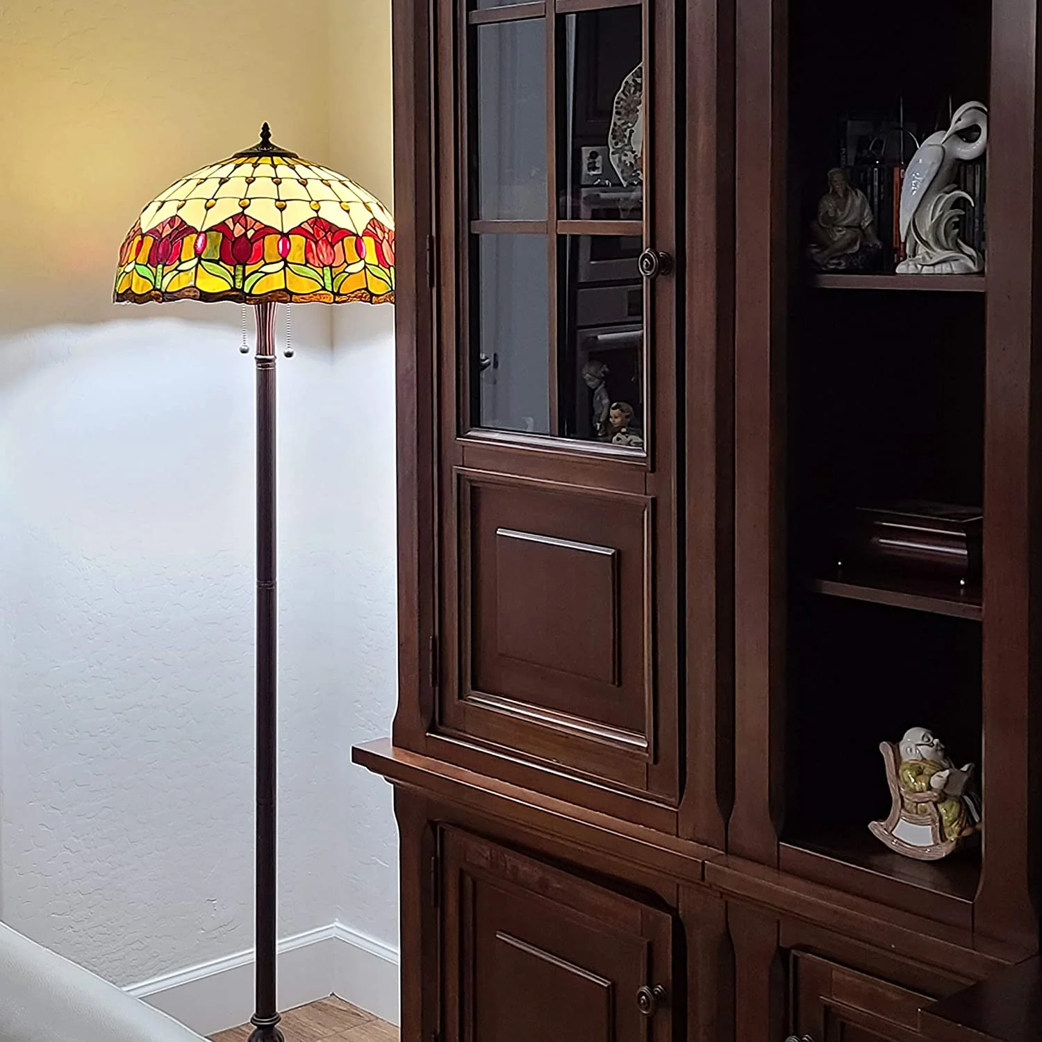 62" Brown Two Light Traditional Shaped Floor Lamp With Red Flowers Stained Glass Dome Shade - Image 5