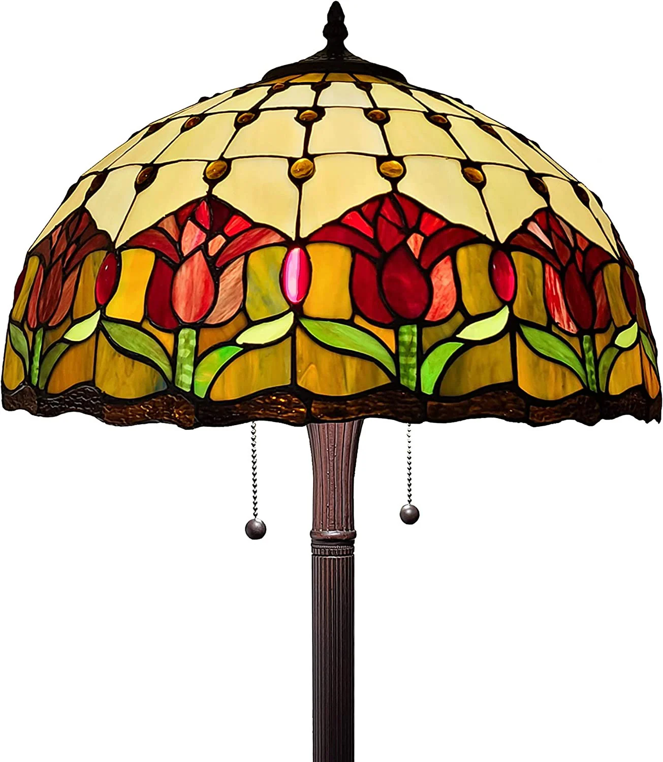 62" Brown Two Light Traditional Shaped Floor Lamp With Red Flowers Stained Glass Dome Shade - Image 6