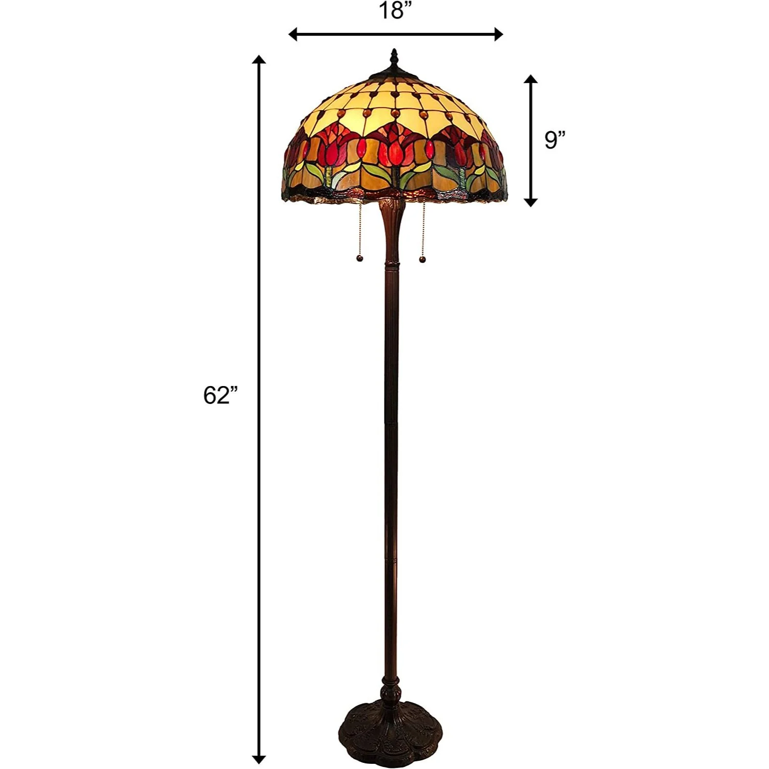 62" Brown Two Light Traditional Shaped Floor Lamp With Red Flowers Stained Glass Dome Shade - Image 7