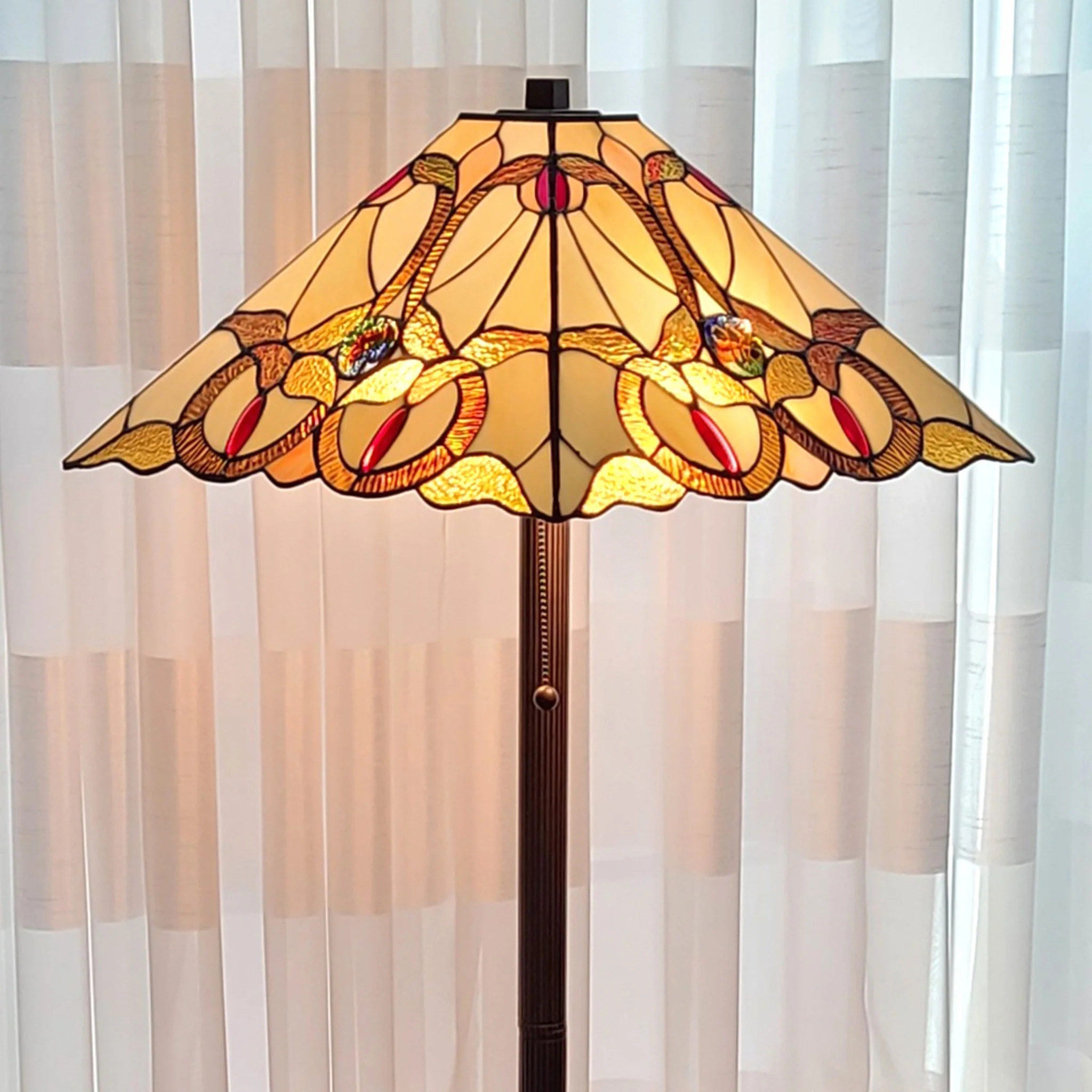 62" Brown Two Lights Traditional Shaped Floor Lamp With Brown And White Stained Glass Cone Shade - Image 3