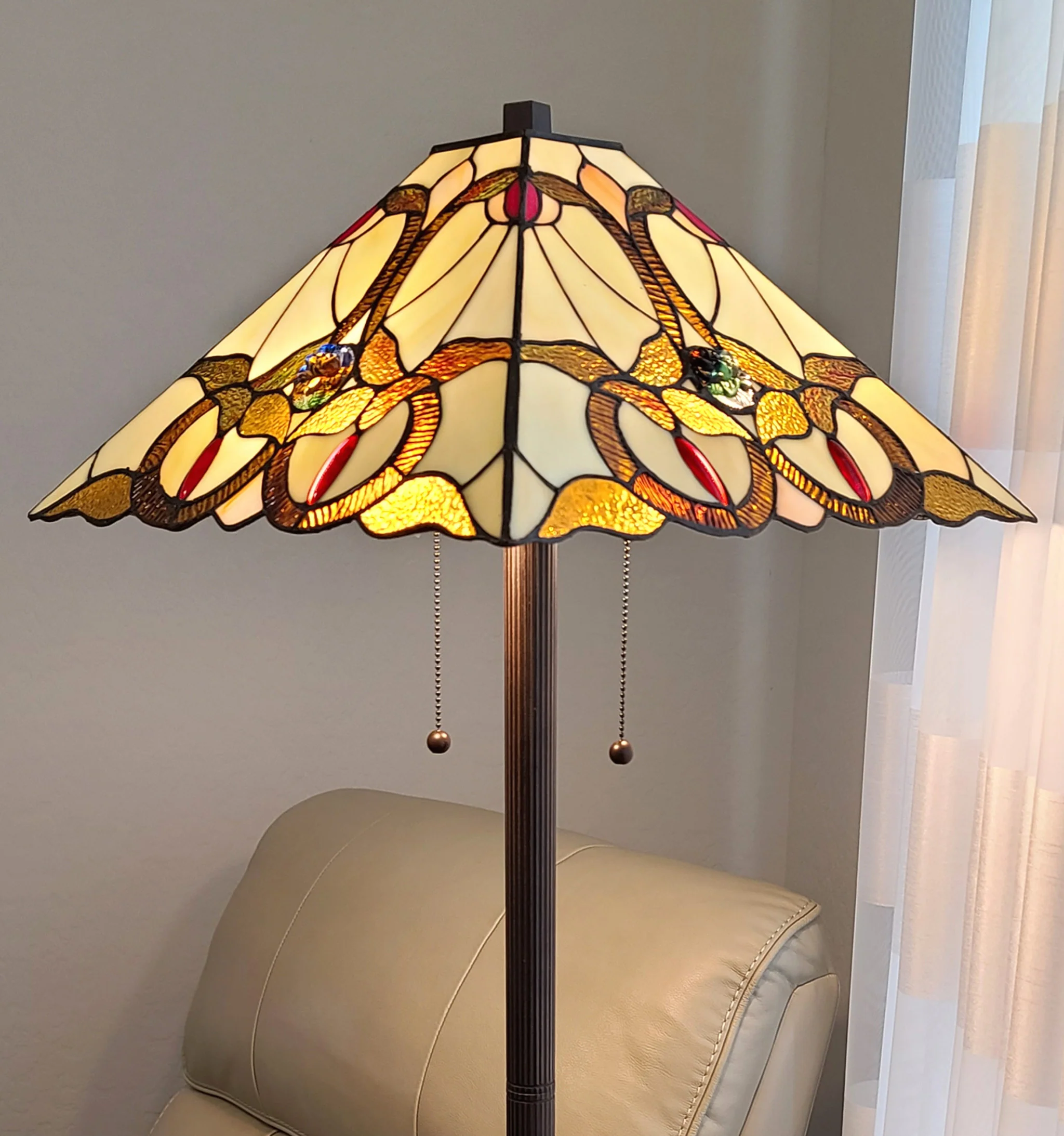 62" Brown Two Lights Traditional Shaped Floor Lamp With Brown And White Stained Glass Cone Shade - Image 4
