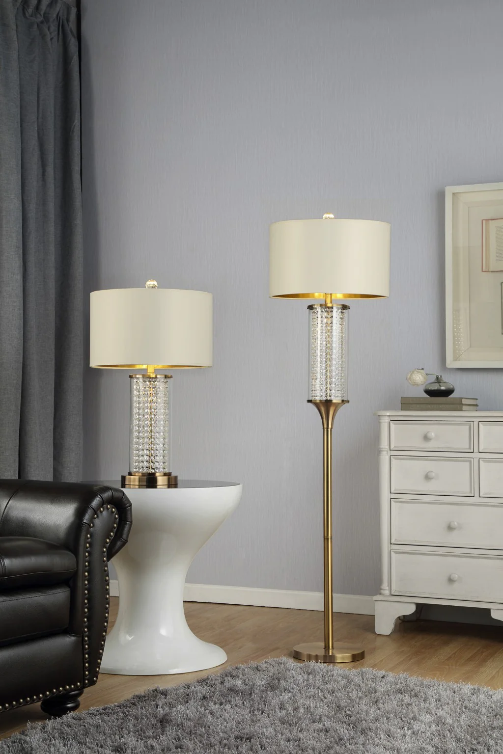 62" Gold Column Floor Lamp With Off-White Drum Shade - Image 4