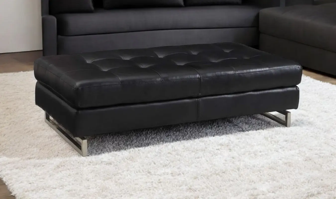 63" Black Faux Leather And Silver Ottoman - Image 2