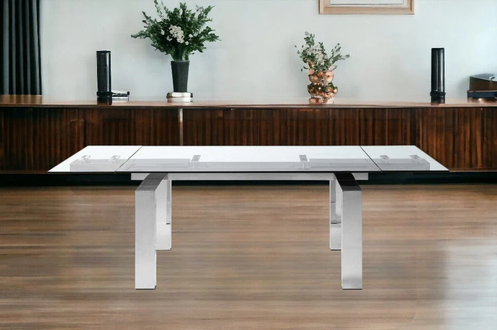 63" Clear and Silver Glass and Stainless Steel Self-Storing Leaf Dining Table - Image 2