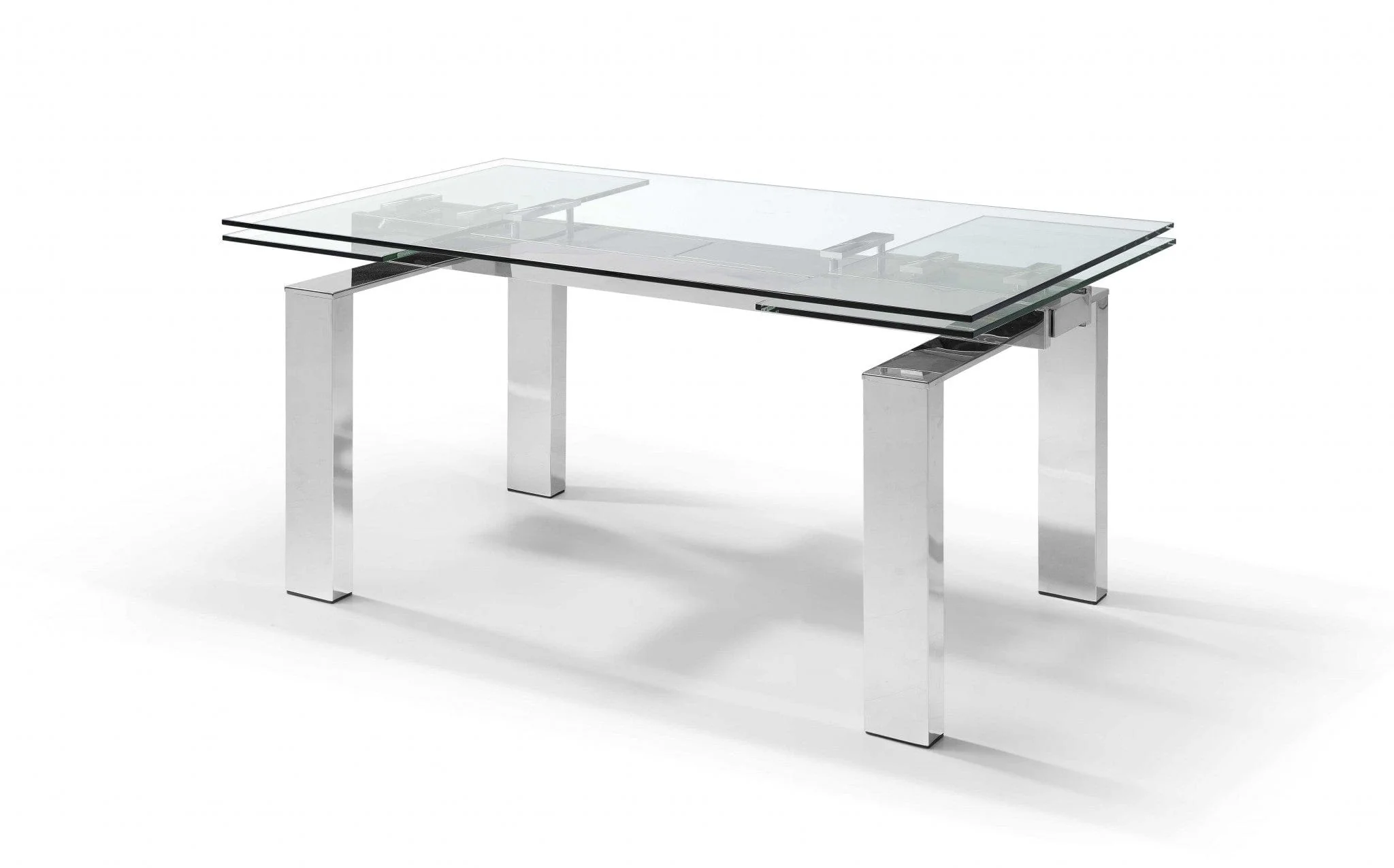 63" Clear and Silver Glass and Stainless Steel Self-Storing Leaf Dining Table - Image 4