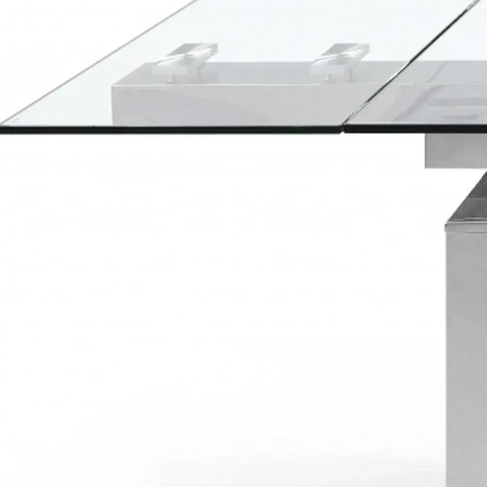 63" Clear and Silver Glass and Stainless Steel Self-Storing Leaf Dining Table - Image 7