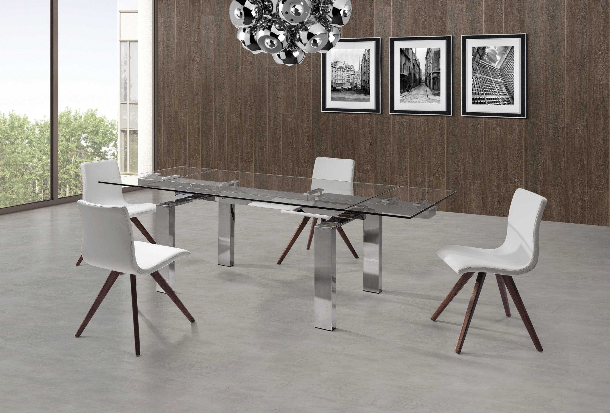 63" Clear and Silver Glass and Stainless Steel Self-Storing Leaf Dining Table - Image 8