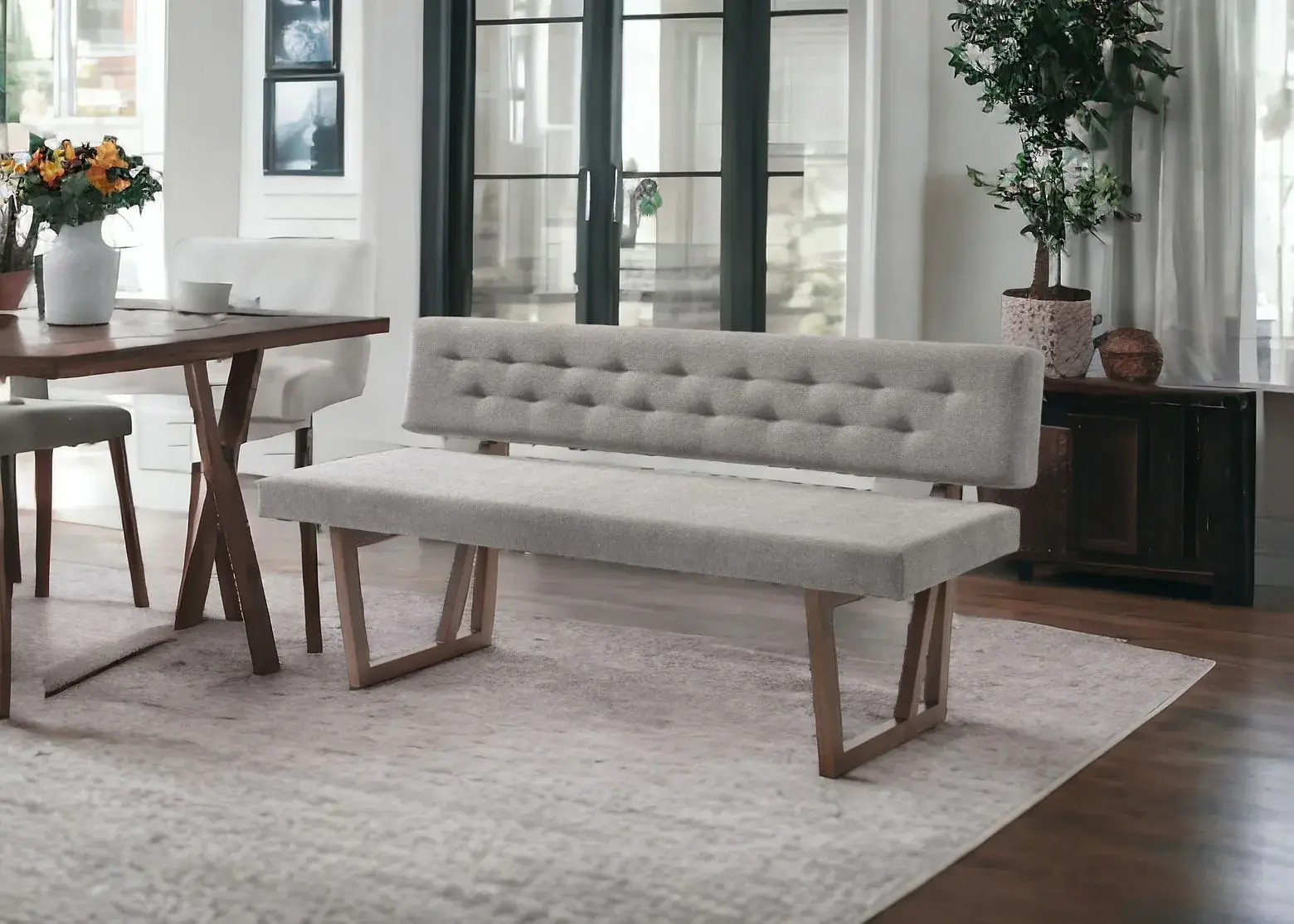 63" Gray and Brown Upholstered Linen Blend Dining Bench - Image 3