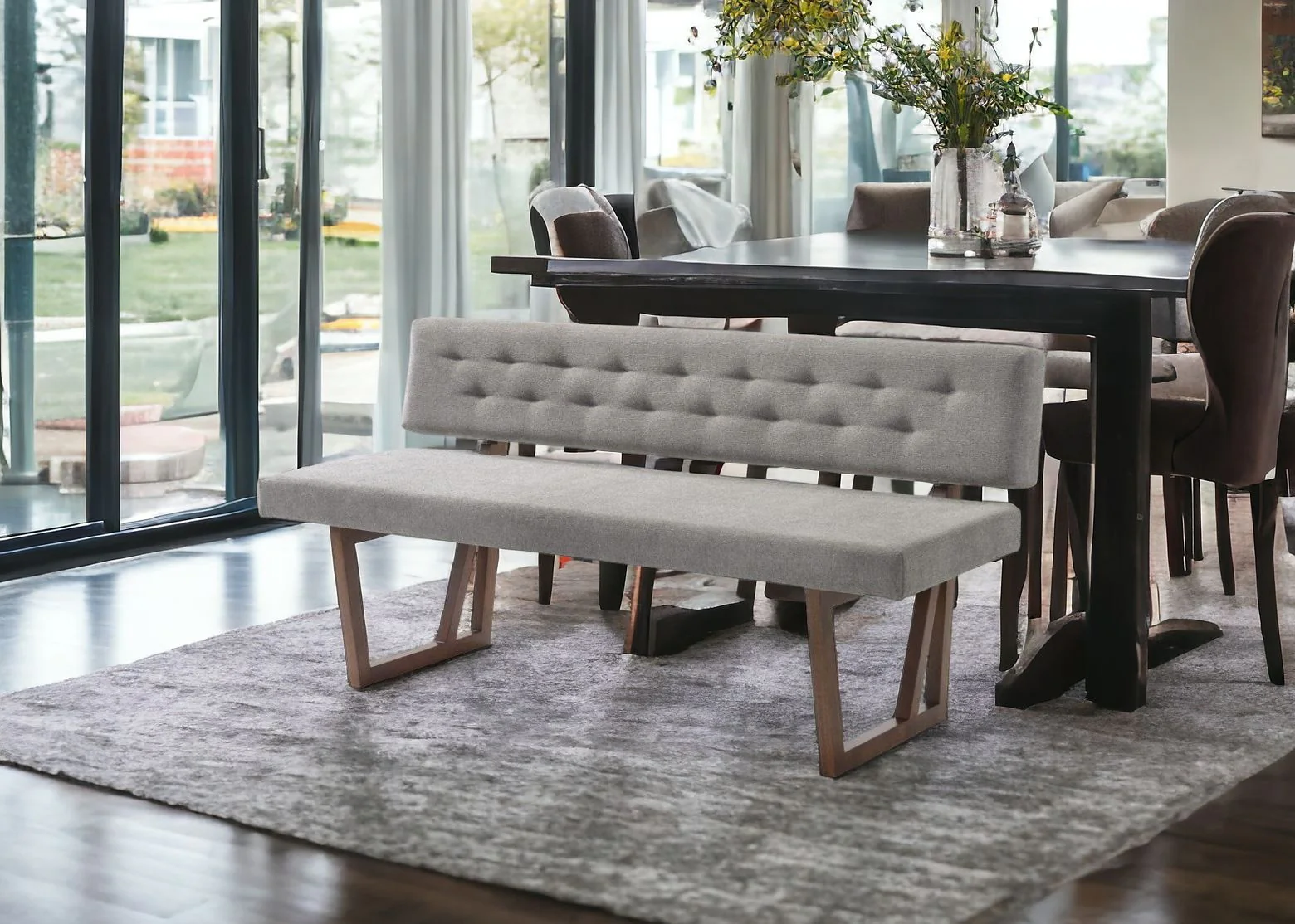 63" Gray and Brown Upholstered Linen Blend Dining Bench - Image 4