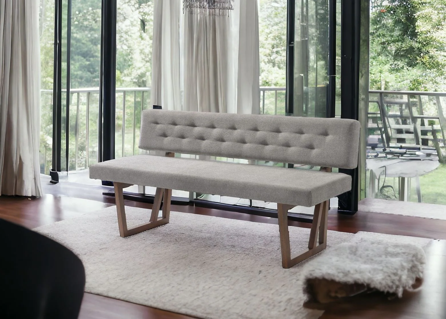 63" Gray and Brown Upholstered Linen Blend Dining Bench - Image 5