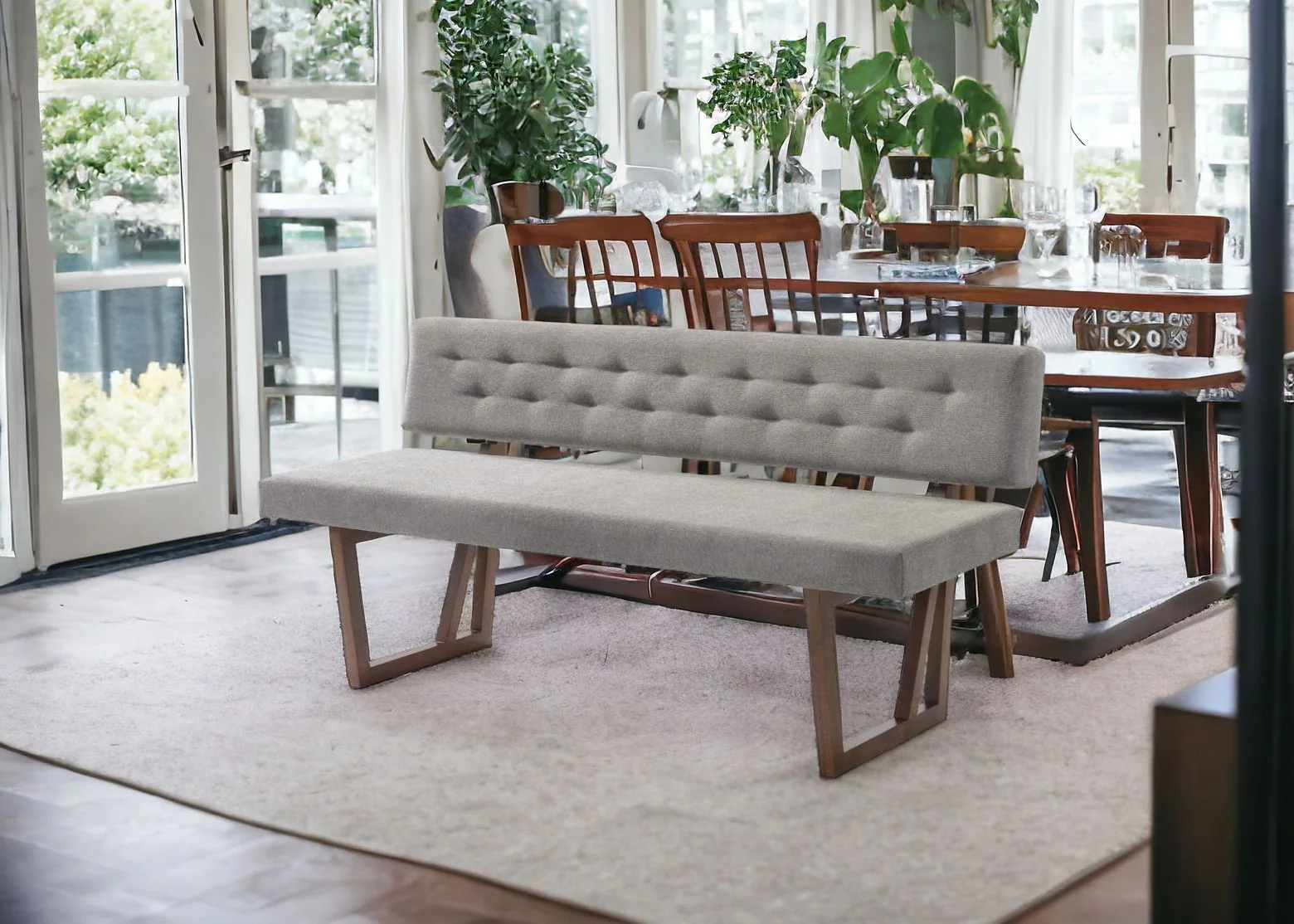 63" Gray and Brown Upholstered Linen Blend Dining Bench - Image 6