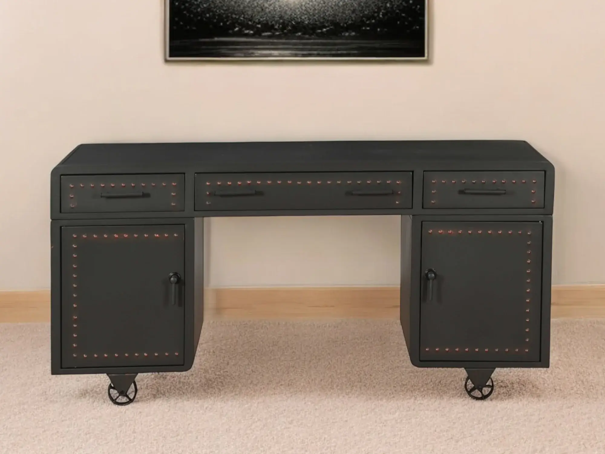 63" Gray Metal Executive Desk With Two Cabinets Three Drawers