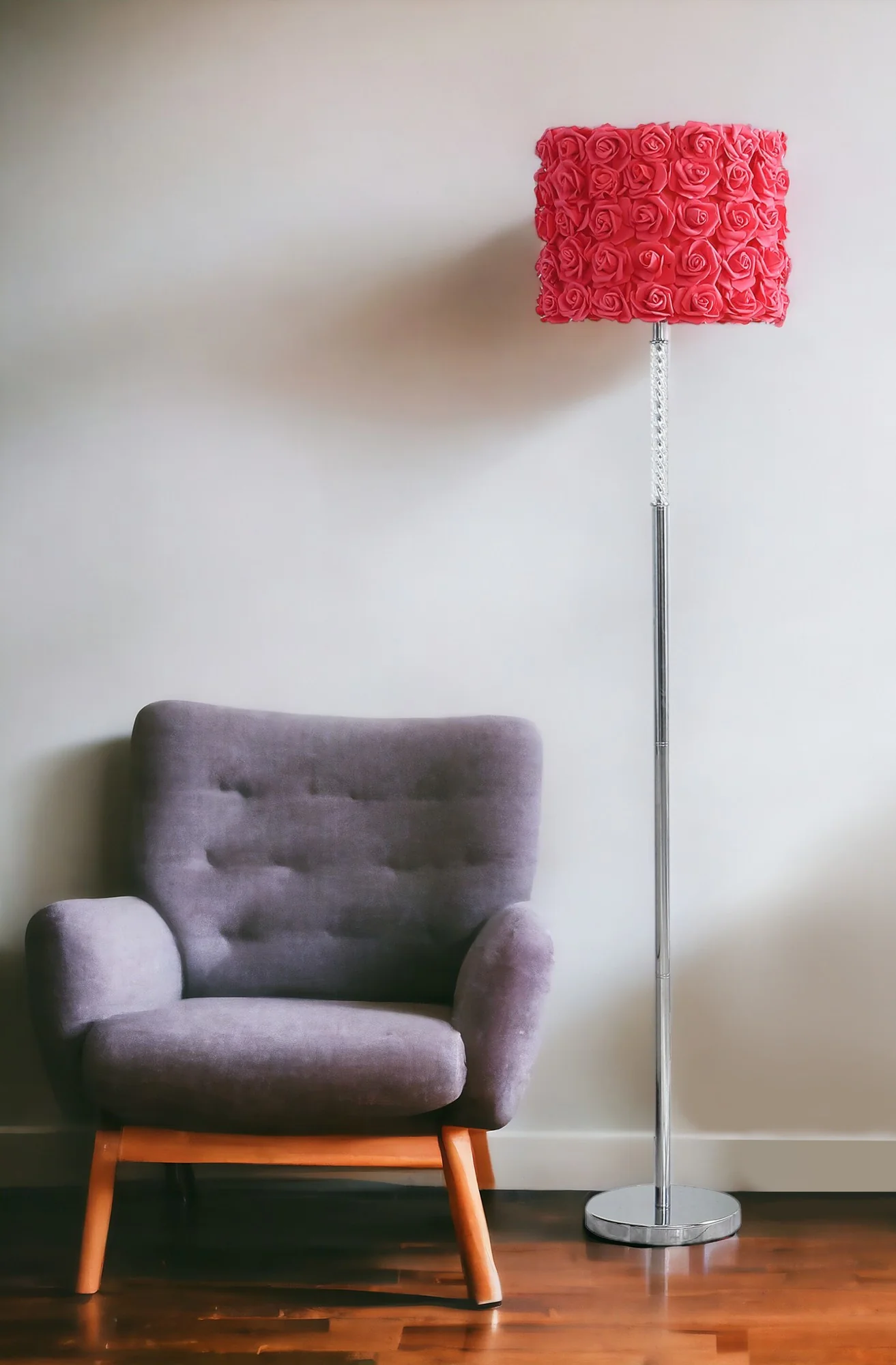 63" Steel and Acrylic Floor Lamp With Red Flowers Fabric Drum Shade - Image 3
