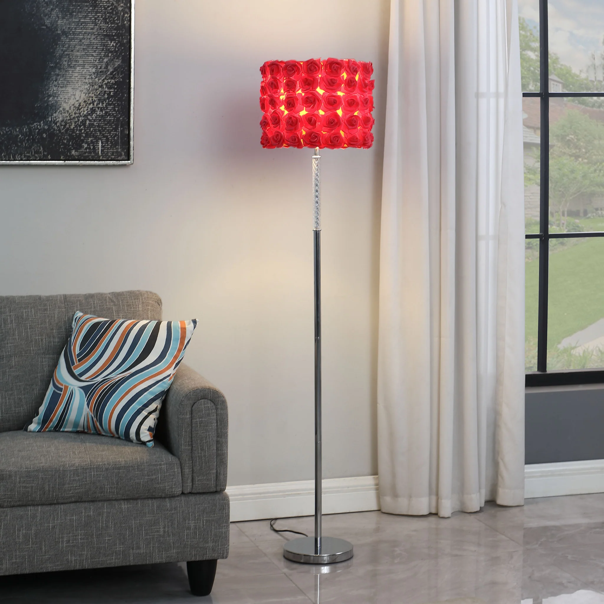 63" Steel and Acrylic Floor Lamp With Red Flowers Fabric Drum Shade - Image 6