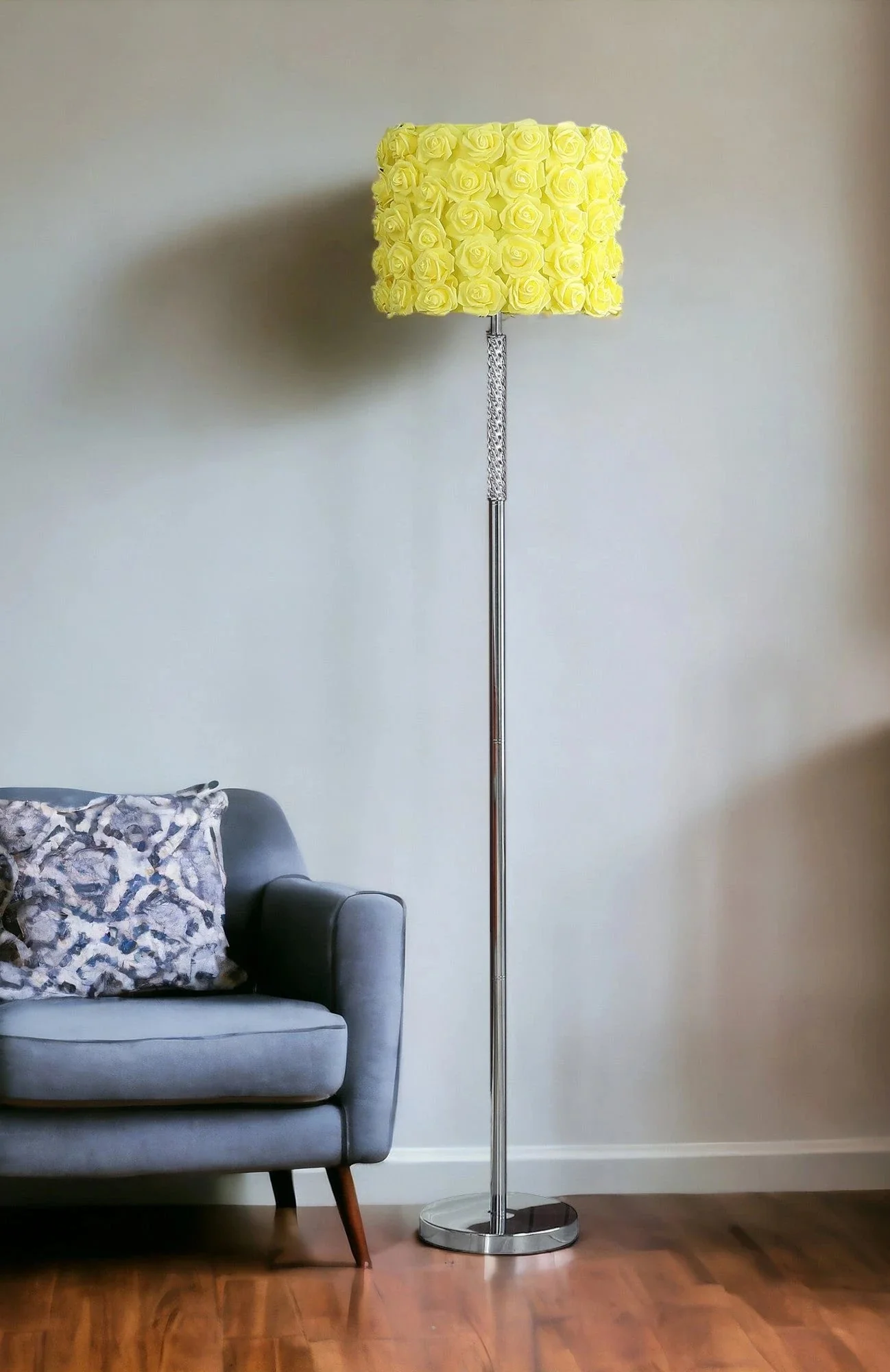 63" Steel and Acrylic Floor Lamp With Yellow Flowers Fabric Drum Shade - Image 2