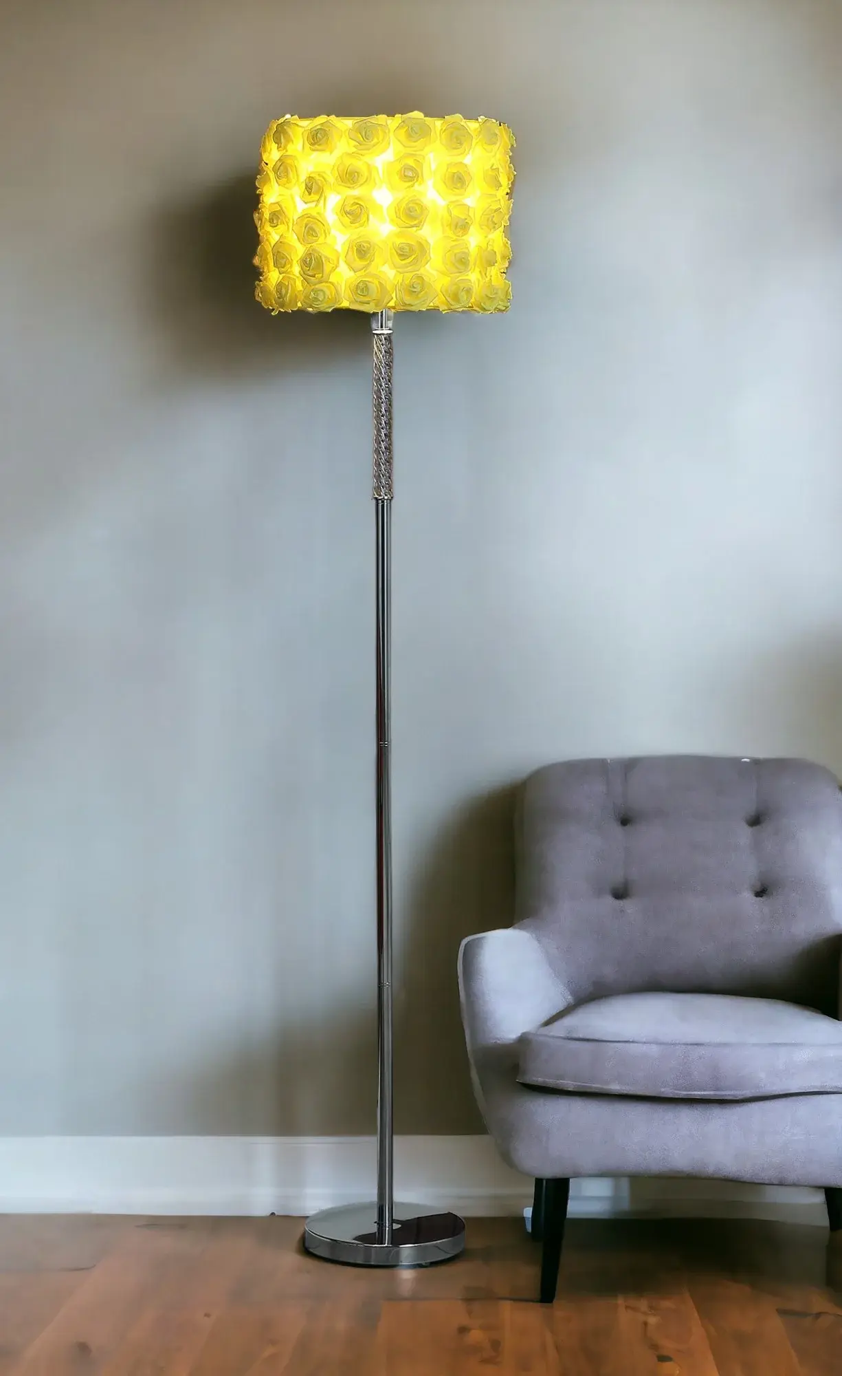 63" Steel and Acrylic Floor Lamp With Yellow Flowers Fabric Drum Shade - Image 3