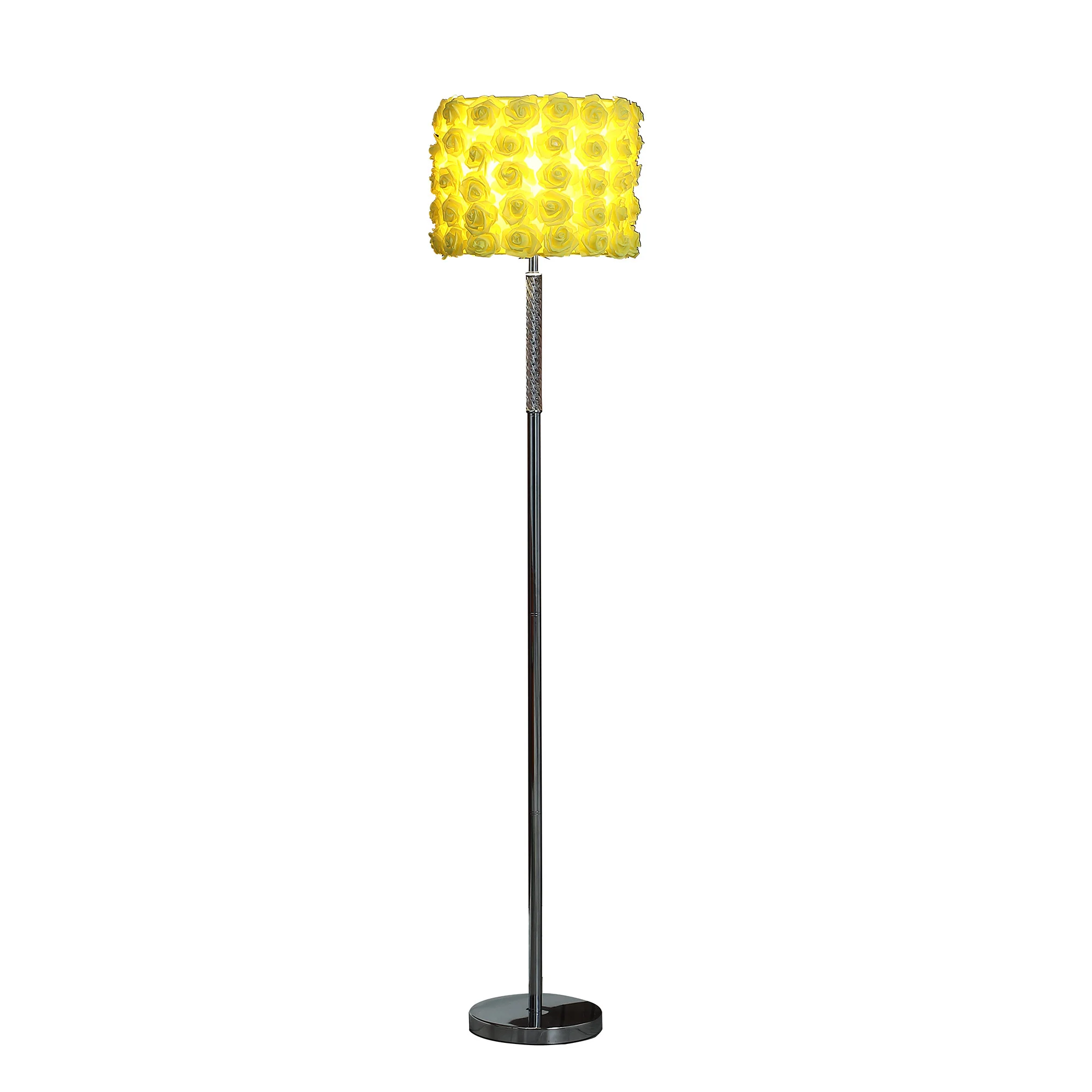 63" Steel and Acrylic Floor Lamp With Yellow Flowers Fabric Drum Shade - Image 4