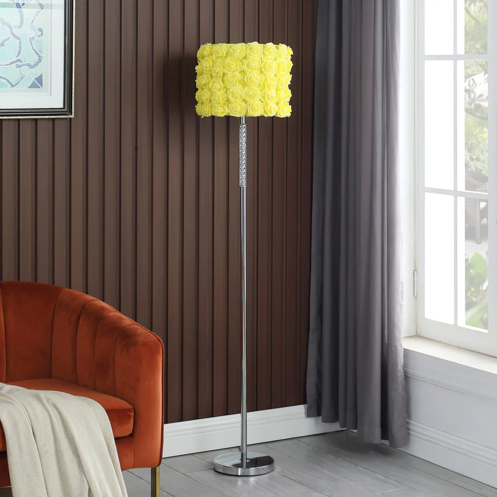 63" Steel and Acrylic Floor Lamp With Yellow Flowers Fabric Drum Shade - Image 5