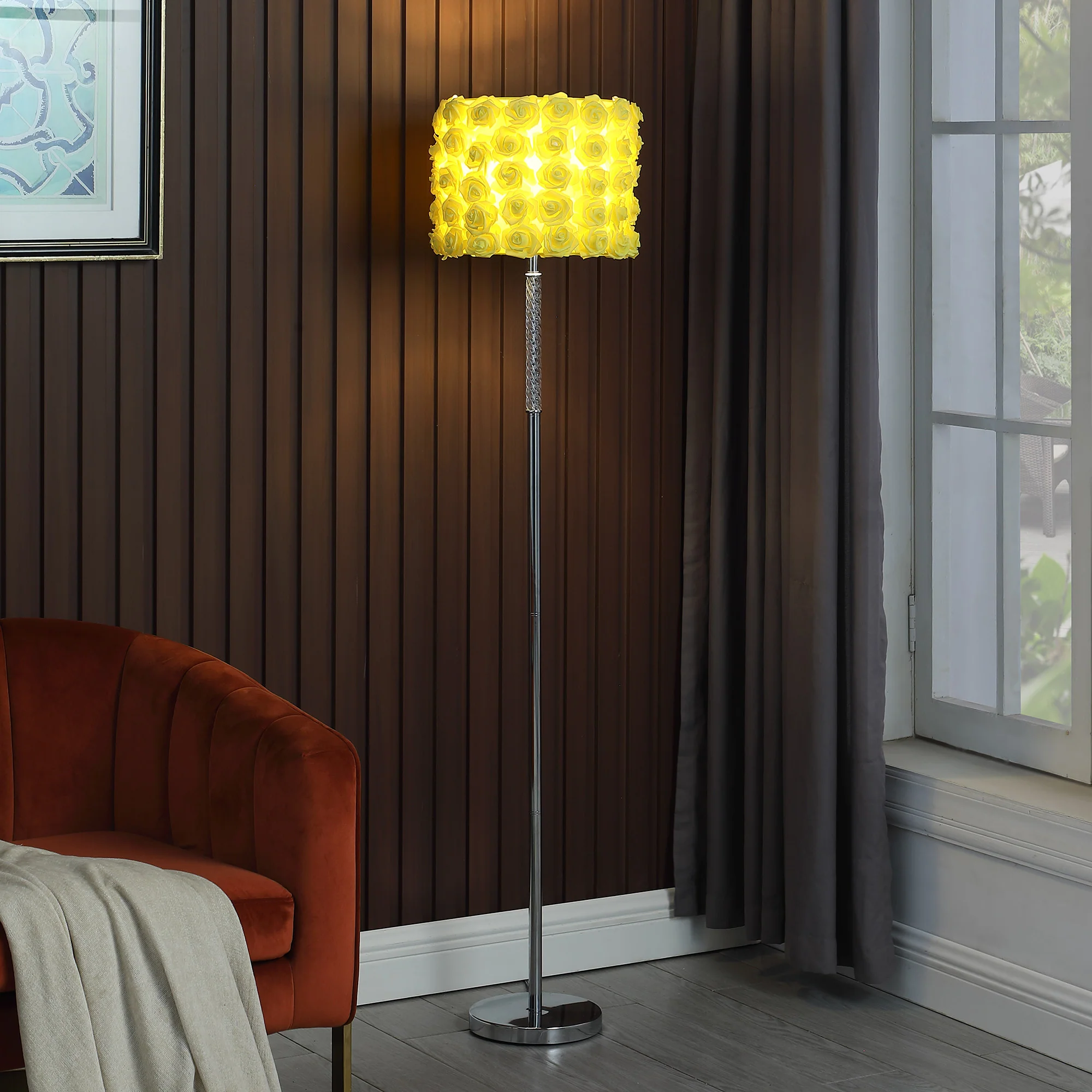 63" Steel and Acrylic Floor Lamp With Yellow Flowers Fabric Drum Shade - Image 6