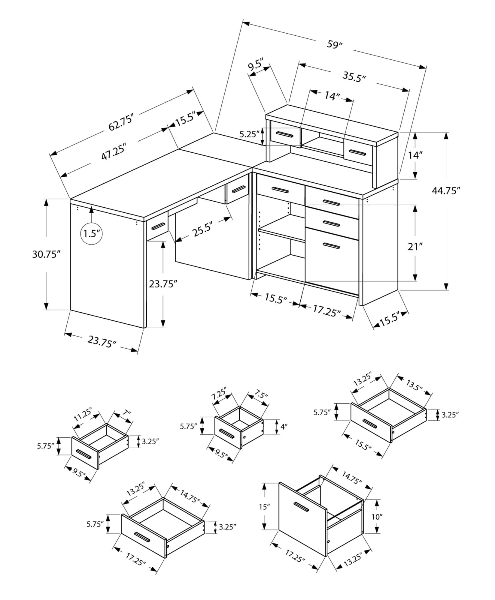 63" Taupe L Shape Computer Desk With Eight Drawers - Image 5