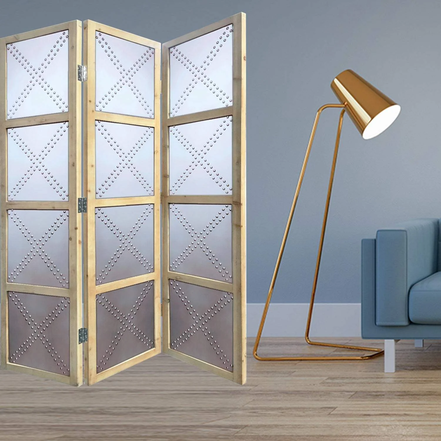 63 X 2 X 84 Silver Wood 3 Panel  Screen - Image 2