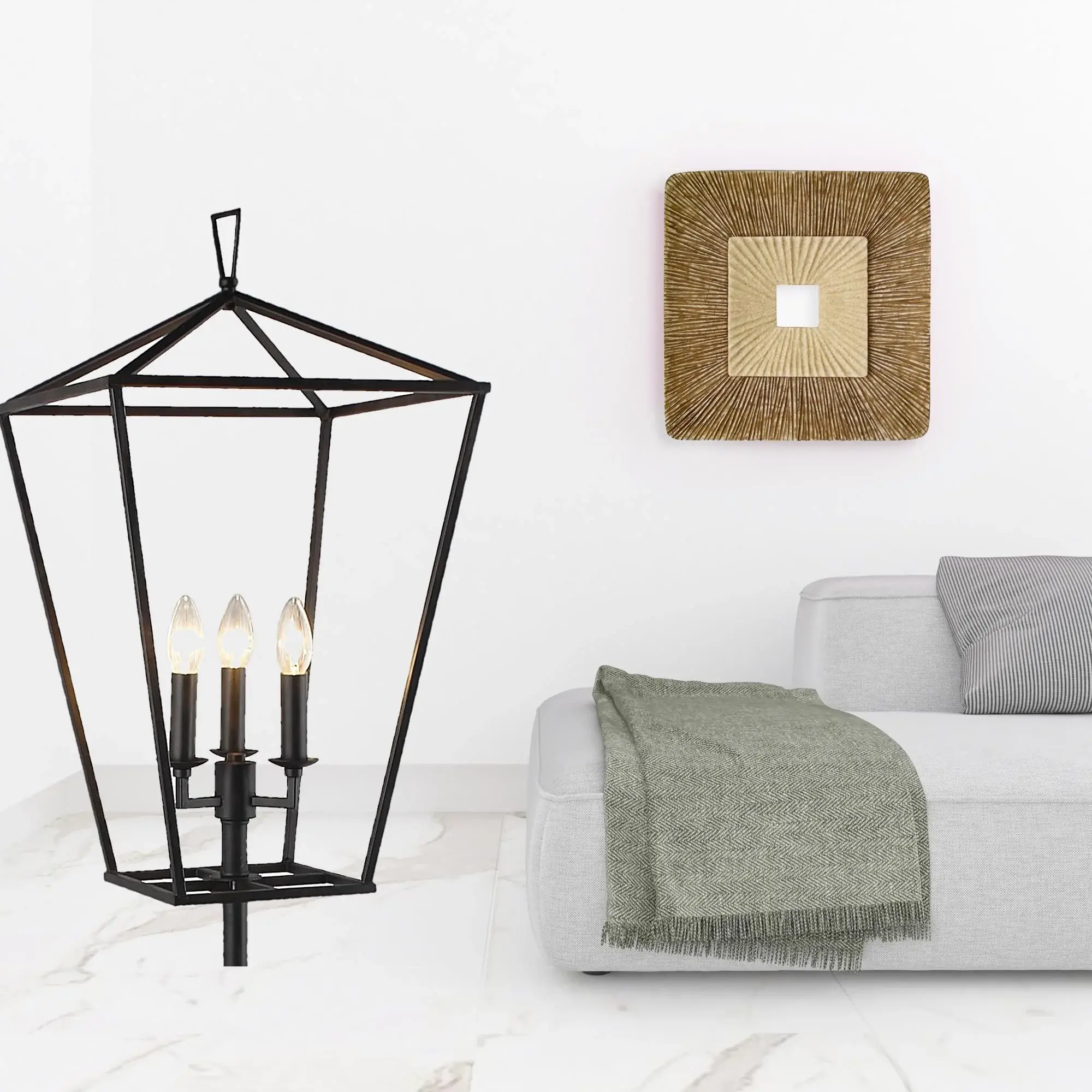 64" Black Three Light Floor Lamp With Black Geometric Shade - Image 3