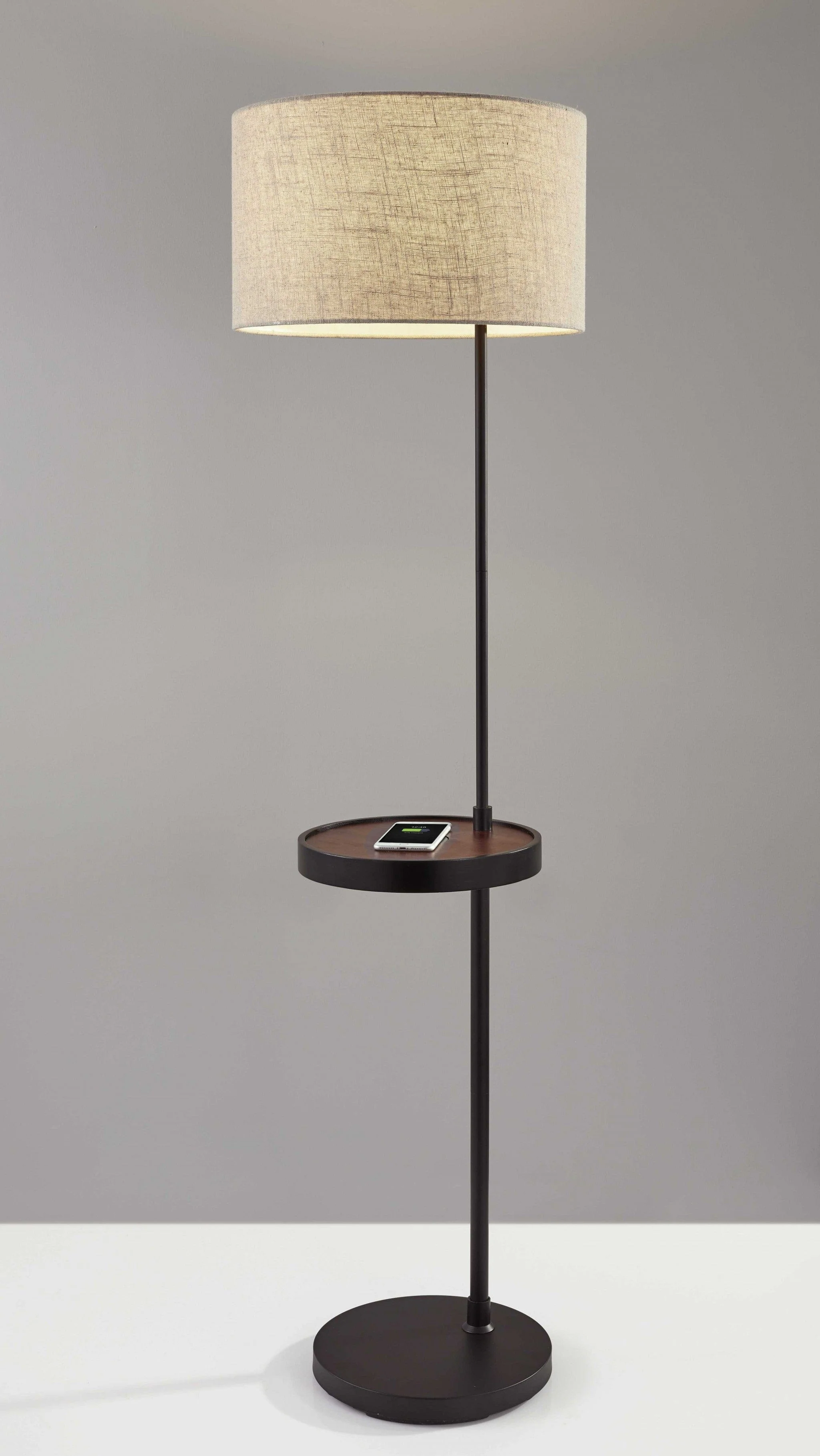 64" Black Tray Table Floor Lamp With Beige Drum Shade - Image 6