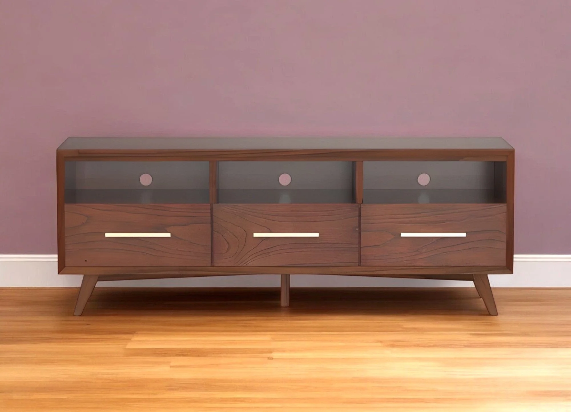64" Brown Mahogany Solid Wood Open Shelving TV Stand - Image 2