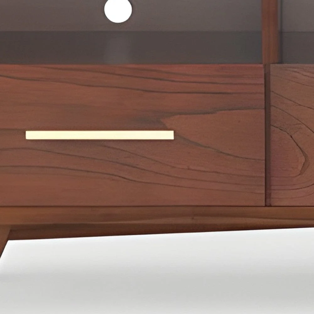 64" Brown Mahogany Solid Wood Open Shelving TV Stand - Image 3