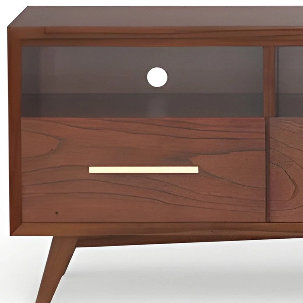 64" Brown Mahogany Solid Wood Open Shelving TV Stand - Image 4