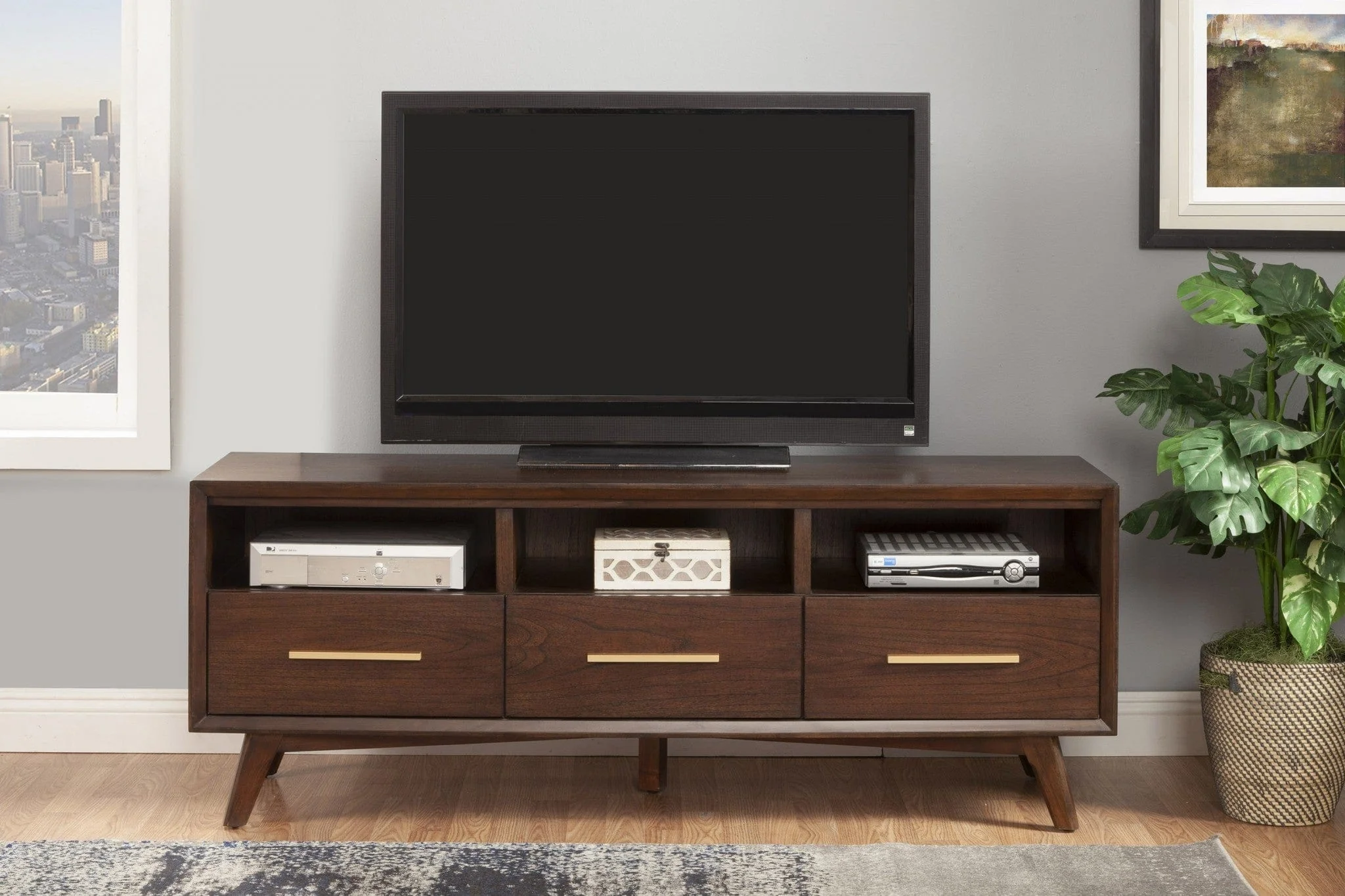 64" Brown Mahogany Solid Wood Open Shelving TV Stand - Image 7