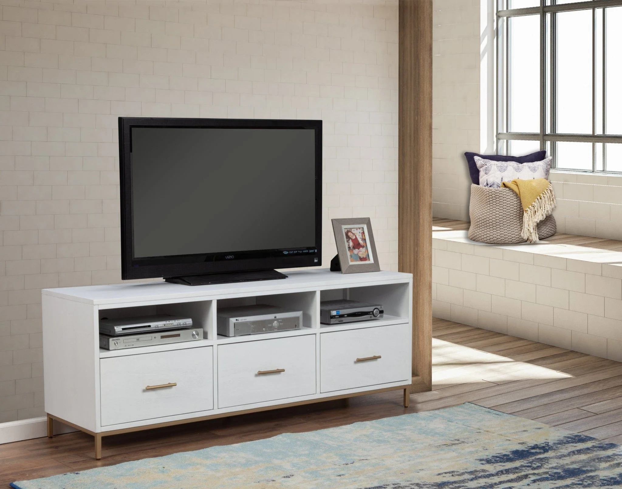 64" White Mahogany Solid Wood Open Shelving TV Stand - Image 4