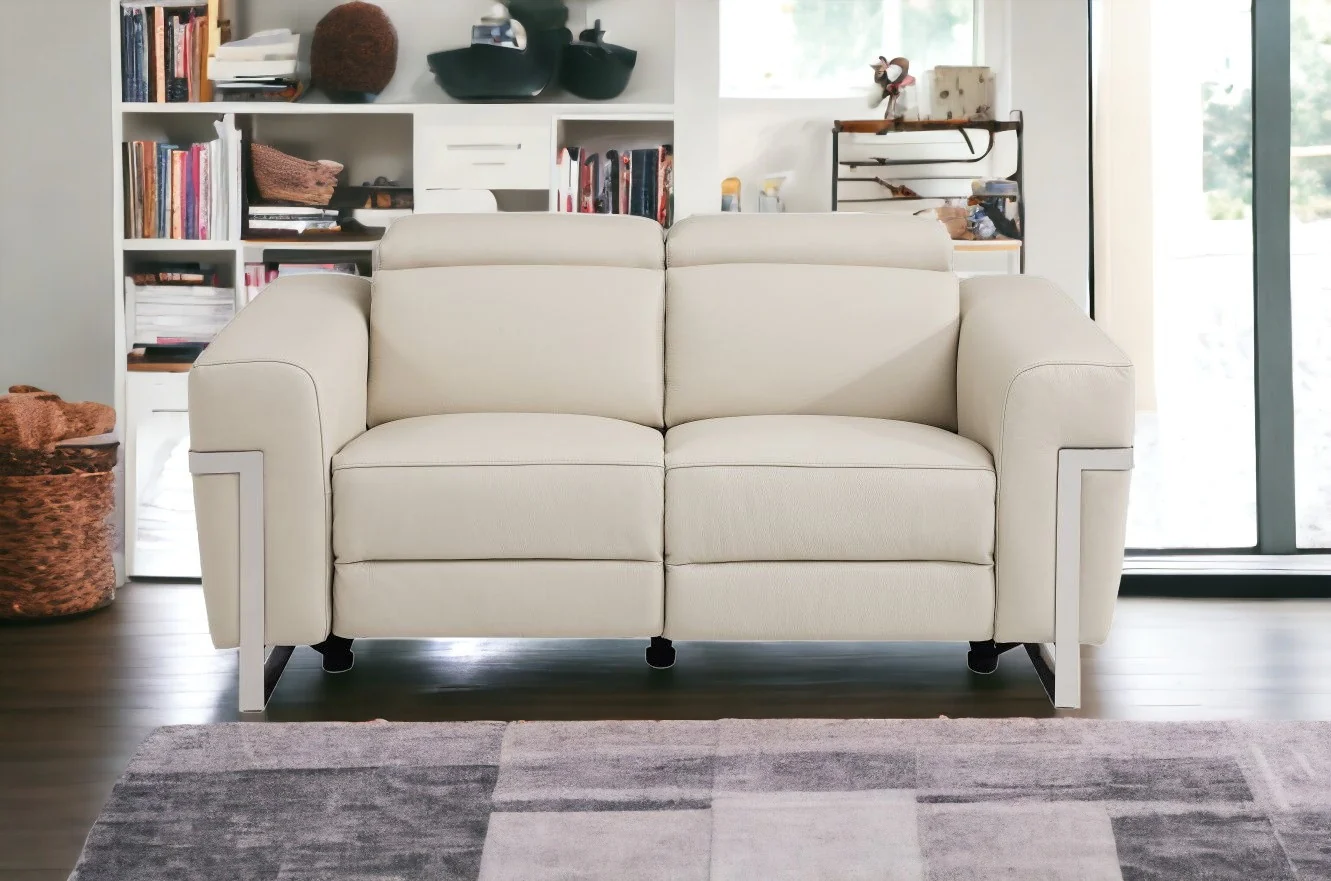 65" Beige And Silver Italian Leather Power Reclining Loveseat - Image 2