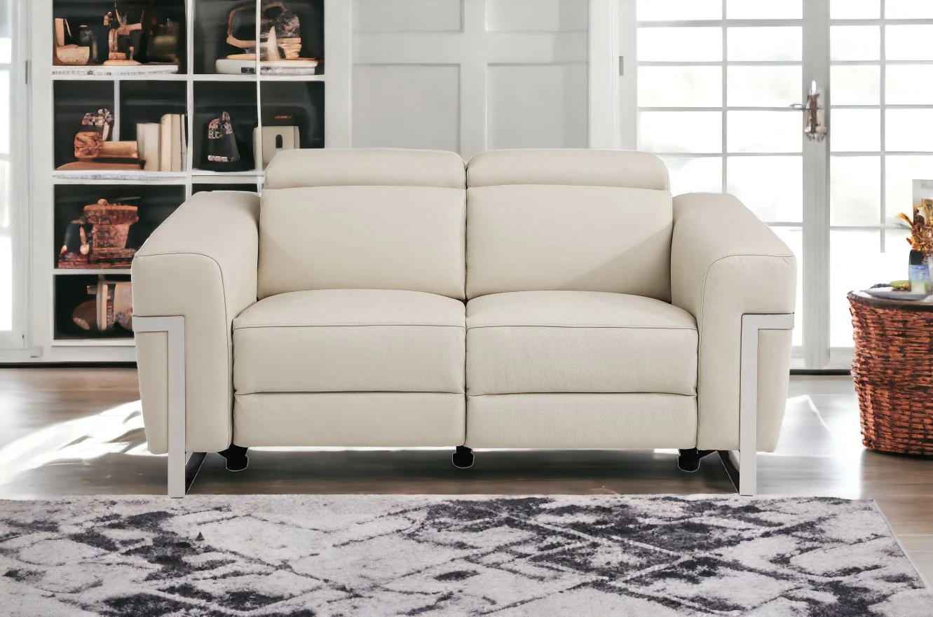 65" Beige And Silver Italian Leather Power Reclining Loveseat - Image 2
