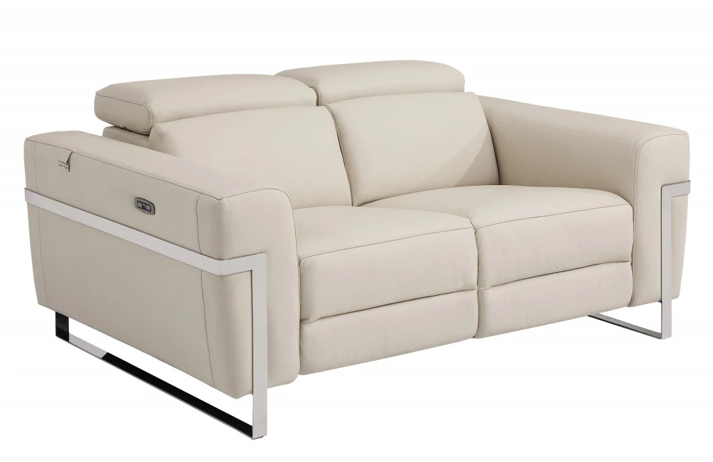65" Beige And Silver Italian Leather Power Reclining Loveseat - Image 3