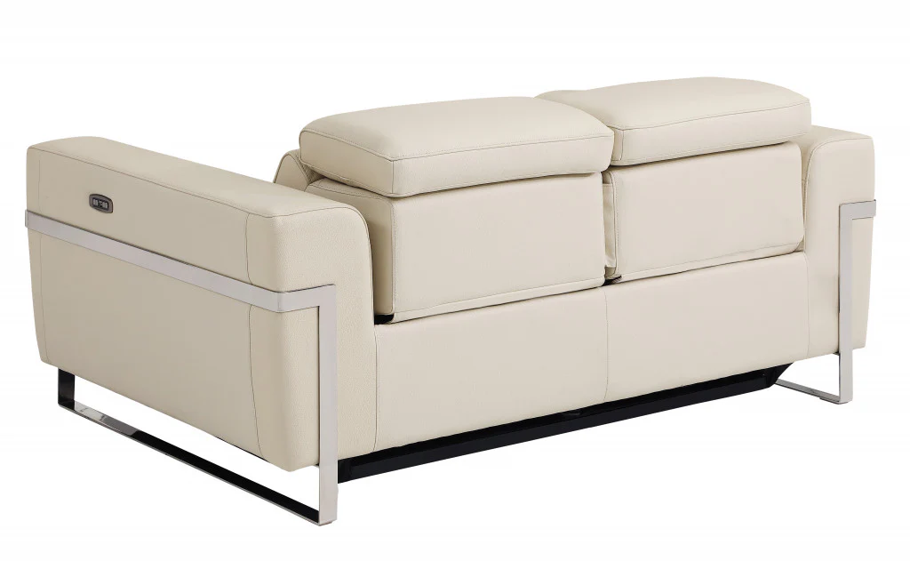 65" Beige And Silver Italian Leather Power Reclining Loveseat - Image 4