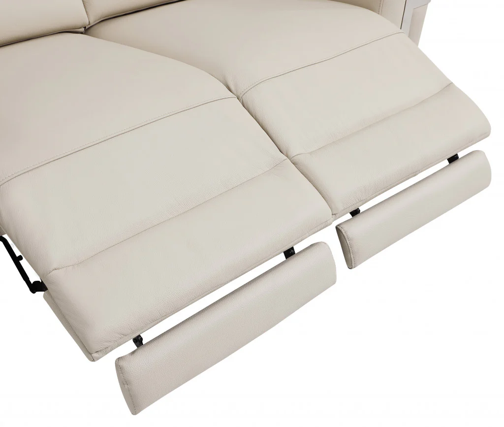 65" Beige And Silver Italian Leather Power Reclining Loveseat - Image 5