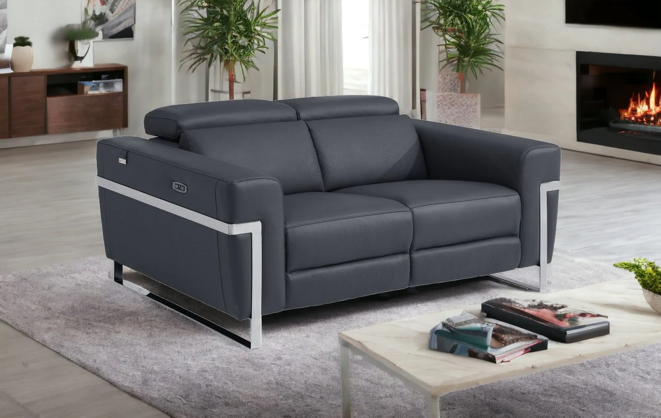 65" Gray And Silver Italian Leather Power Reclining Loveseat - Image 2
