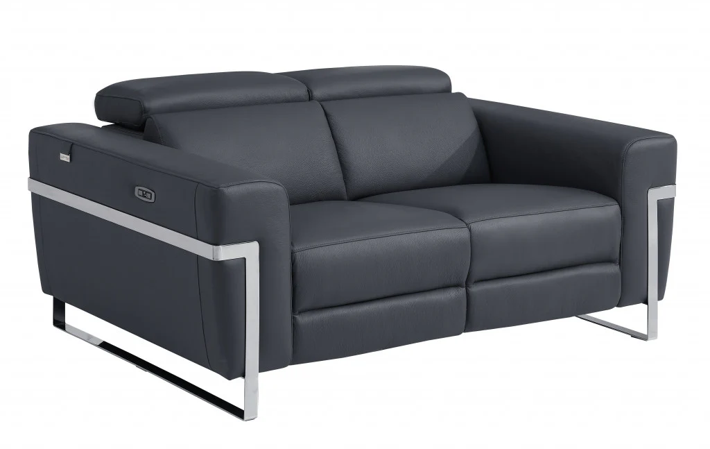 65" Gray And Silver Italian Leather Power Reclining Loveseat - Image 3