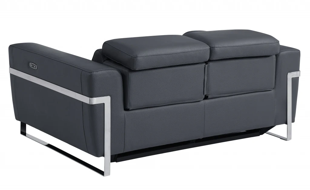 65" Gray And Silver Italian Leather Power Reclining Loveseat - Image 4
