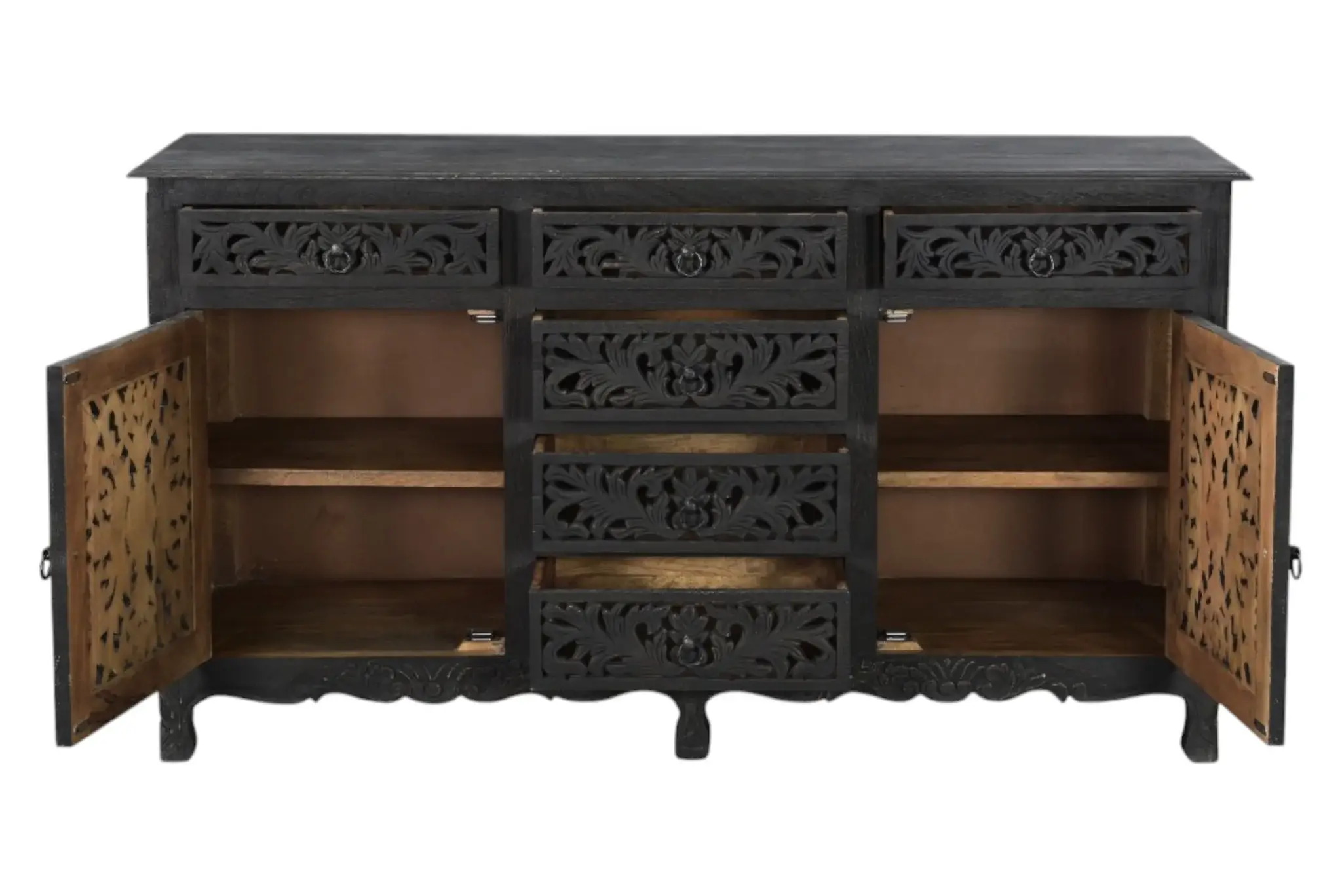 66" Black Distressed Solid Wood Carved Floral Six Drawer Sideboard With Two Doors - Image 3