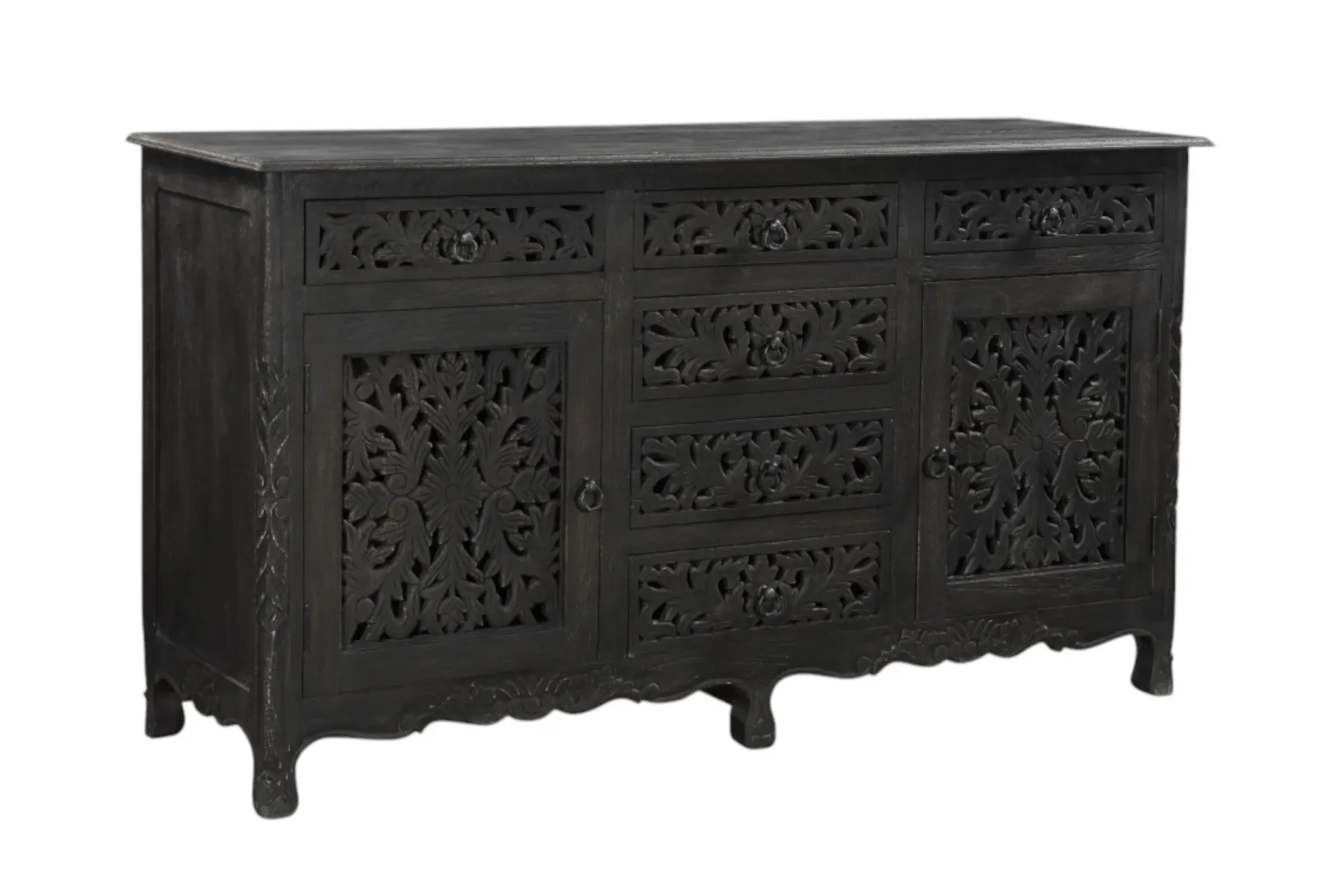 66" Black Distressed Solid Wood Carved Floral Six Drawer Sideboard With Two Doors - Image 4