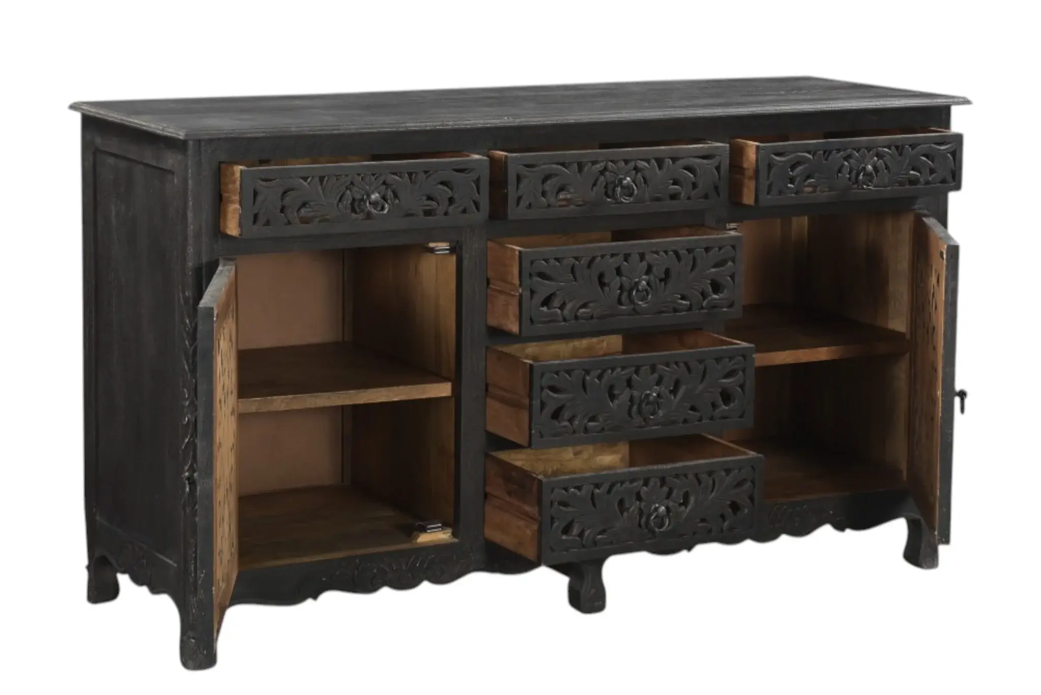 66" Black Distressed Solid Wood Carved Floral Six Drawer Sideboard With Two Doors - Image 5