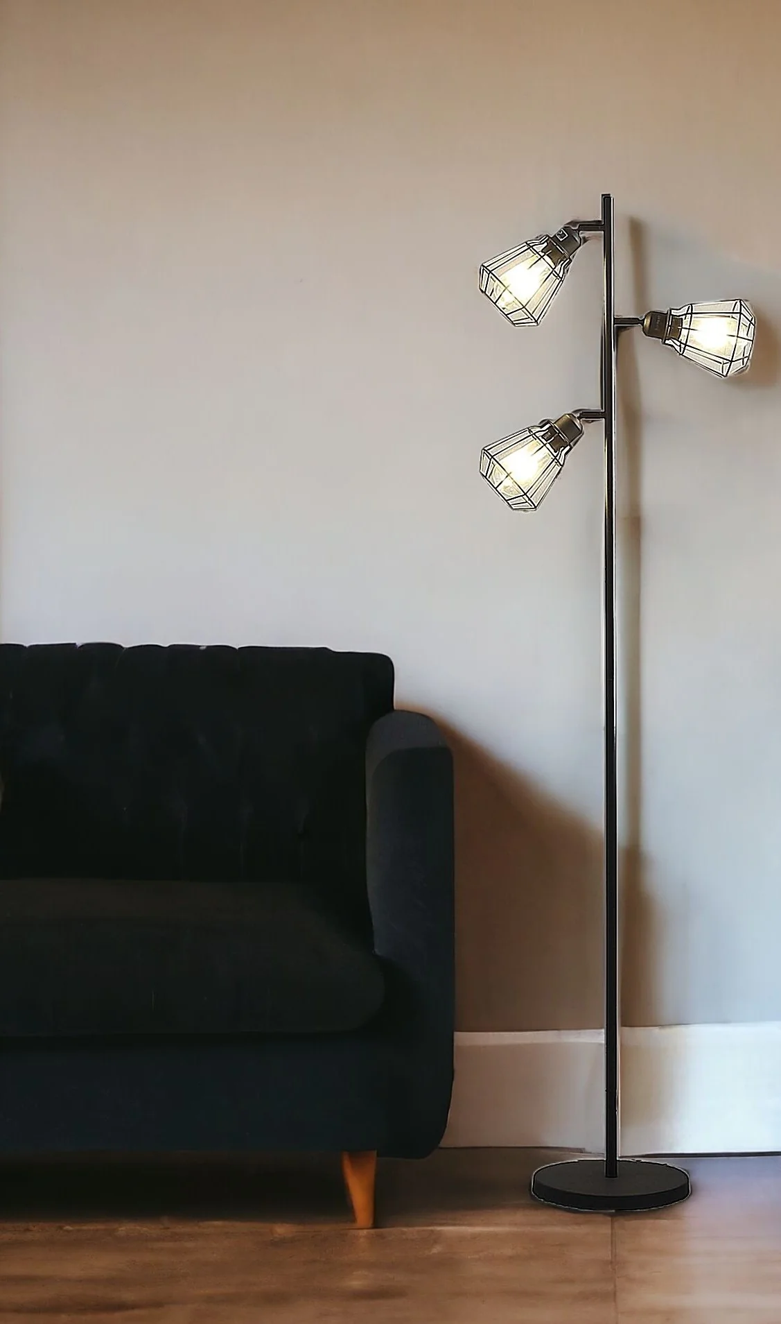 66" Black Three Light Tree Floor Lamp With Black Metal Cage Shade - Image 2