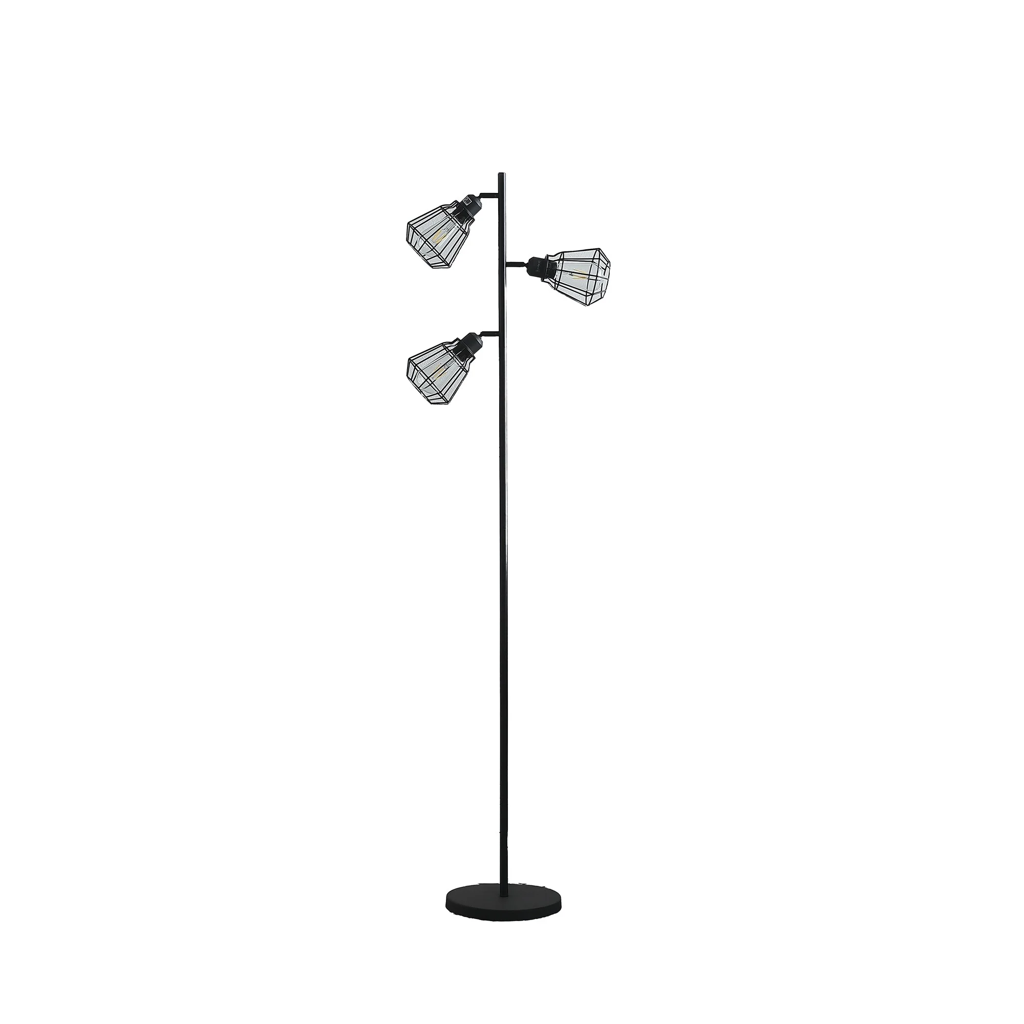 66" Black Three Light Tree Floor Lamp With Black Metal Cage Shade - Image 3