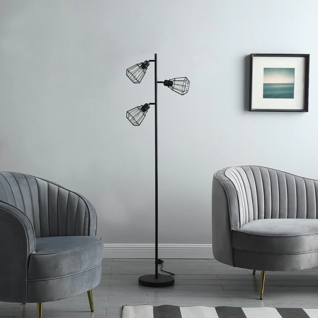 66" Black Three Light Tree Floor Lamp With Black Metal Cage Shade - Image 4