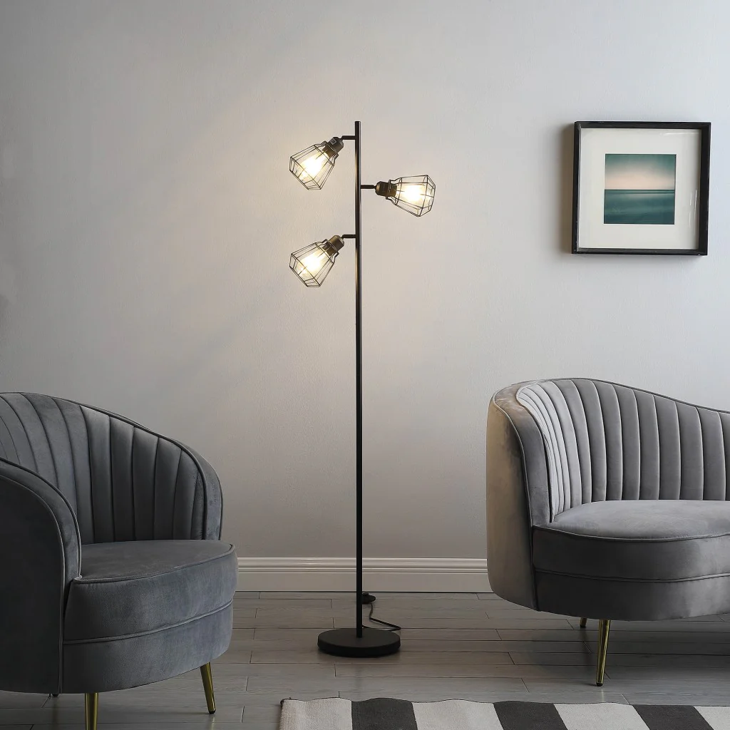 66" Black Three Light Tree Floor Lamp With Black Metal Cage Shade - Image 5