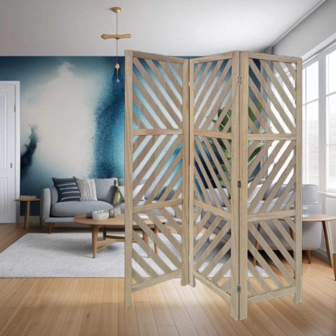 67" Brown Solid WoodFolding Three Panel Screen Room Divider - Image 5