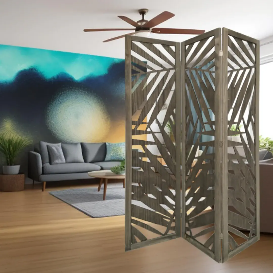 67" Gray Solid WoodFolding Three Panel Screen Room Divider - Image 5