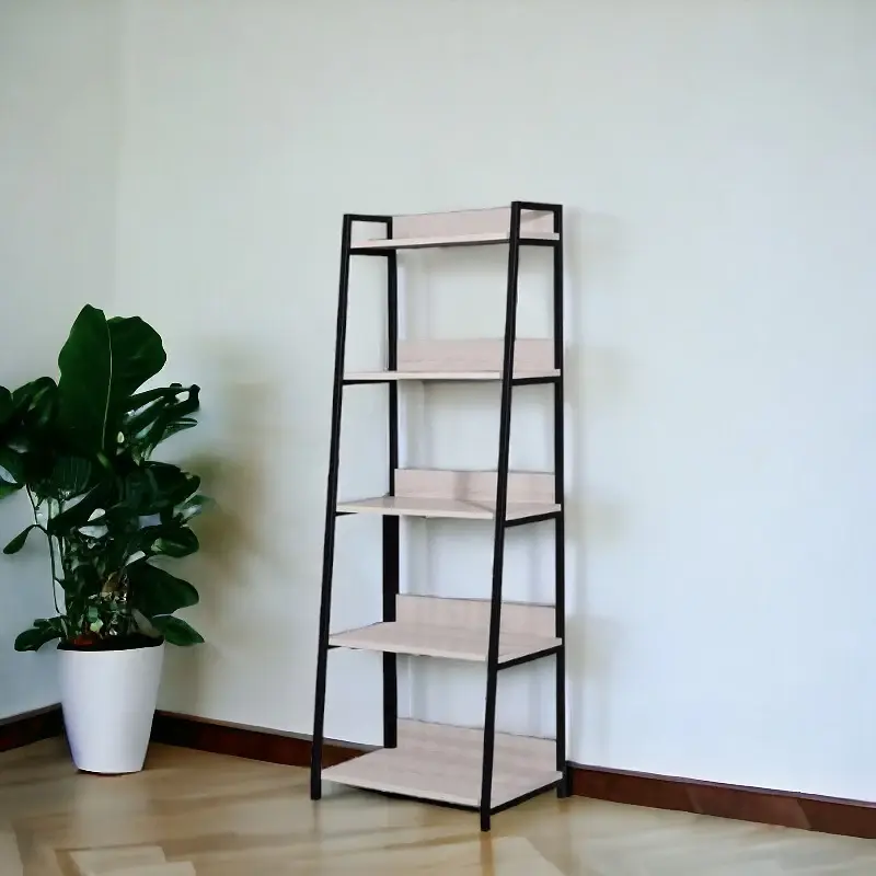 67" Natural and Black Metal Five Tier Ladder Bookcase - Image 2